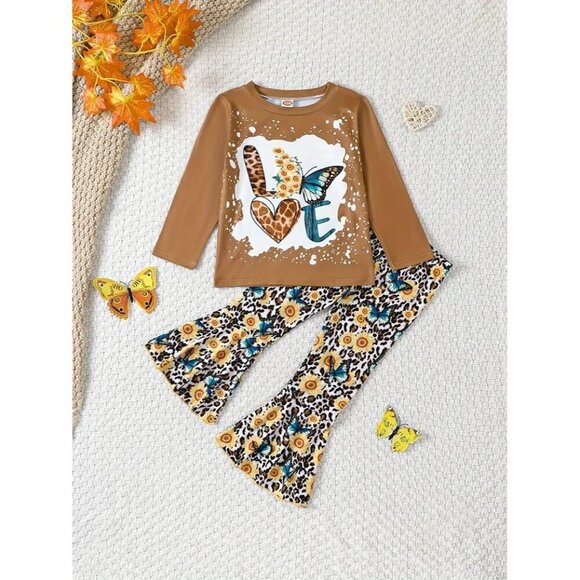 2PCS LOVE Print Pullover + Flora Print Flare Pants Set - Picture 1 of 3